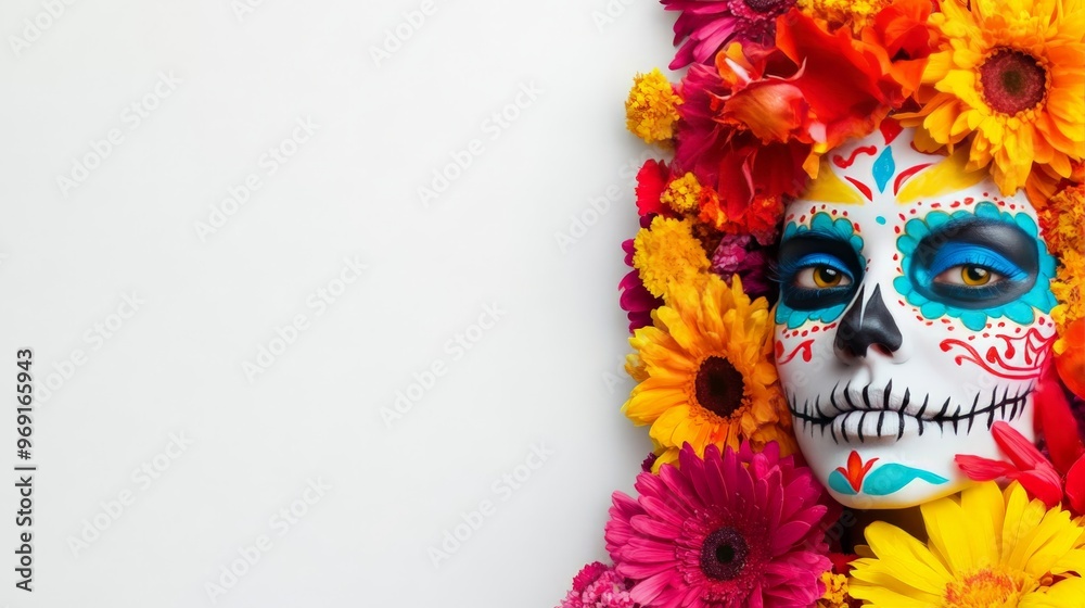 Vibrant Dia de los Muertos face paint decorated with colorful flowers, symbolizing the Mexican Day of the Dead tradition. Vibrant Dia de los Muertos face paint decorated with colorful flowers, symbolizing the Mexican Day of the Dead tradition.