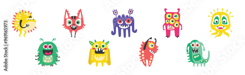 Funny Smiling Toothy Monster Character with Smiling Face Vector Set