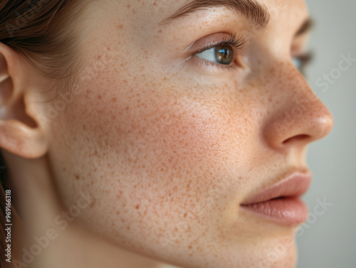 A close-up of a woman's face highlighting uneven skin tone and pigmentation can be used to depict themes related to skin care, aging, or skin disease treatment