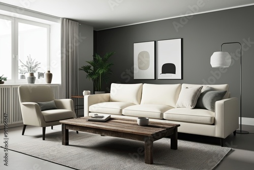 Minimalistic Scandinavian Living Room 3D Model with Ivory Sofa Reclaimed Wood Coffee Table and Elegant Decor