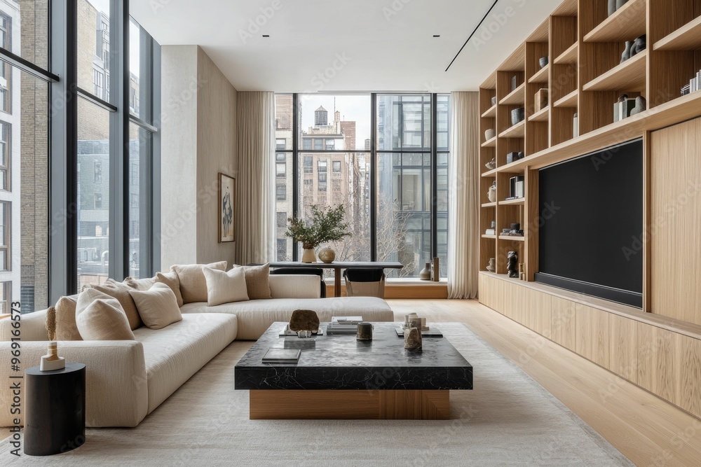 Fototapeta premium Modern living room featuring minimalist design and large windows.