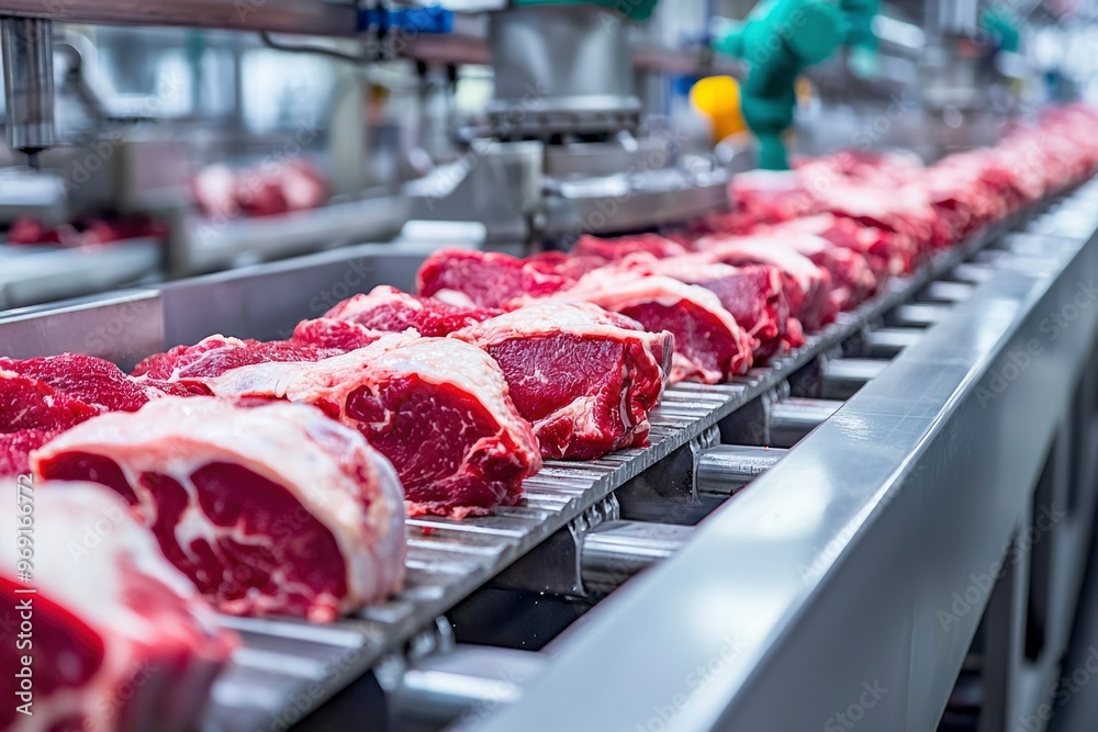 Raw Meat on a Conveyor Belt in a Food Processing Plant Raw Meat on a Conveyor Belt in a Food Processing Plant