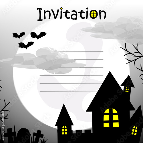 Halloween background: silhouettes of tombstones, bats and hous for Halloween card or invitation