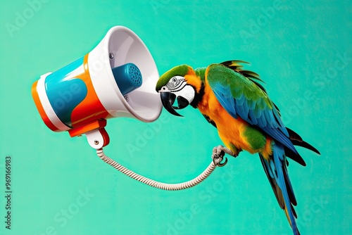 Playful Marketing Campaign Showcasing Colorful Parrot Using Megaphone on Bright Turquoise Background photo