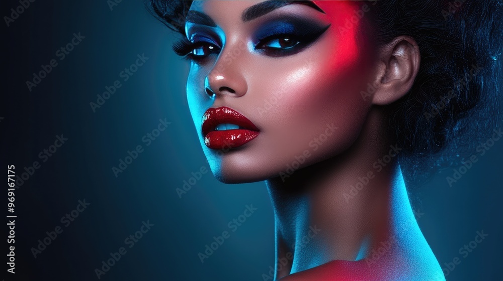 A portrait of a woman with bold makeup and a dramatic look, highlighting her striking features and confident expression in a stylized setting A portrait of a woman with bold makeup and a dramatic look, highlighting her striking features and confident expression in a stylized setting