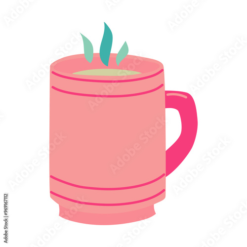 Flat vector illustration of a pink square cup with warm liquid. Blue, pink, yellow colors. An elongated glass with a pink handle with blue steam and yellow liquid insulated element on white