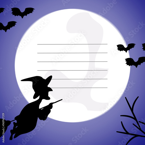 Halloween background: silhouettes of trees, witch flying on broomstick, bats  for Halloween card or invitation