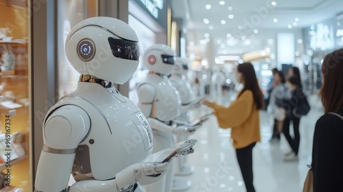 Futuristic shopping malls with AI-controlled robotic retail staff: Shoppers interacting with humanoid robots in a futuristic store.