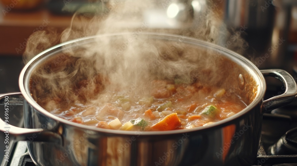 A pot of bubbling stew on the stove, with steam rising and aromatic ingredients visible, capturing the essence of home-cooked warmth A pot of bubbling stew on the stove, with steam rising and aromatic ingredients visible, capturing the essence of home-cooked warmth