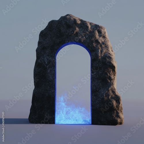 Blue light, fire. Stone arch portal. Stone magic door. Alien world. Amazing power. 3D illustration isolated on grey. Fantasy gateway. Ancient ruins. Passage to another world. photo