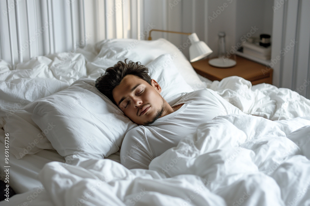 A man sleeping in bed, in a comfortable and peaceful atmosphere
A man sleeping in bed, in a comfortable and peaceful atmosphere