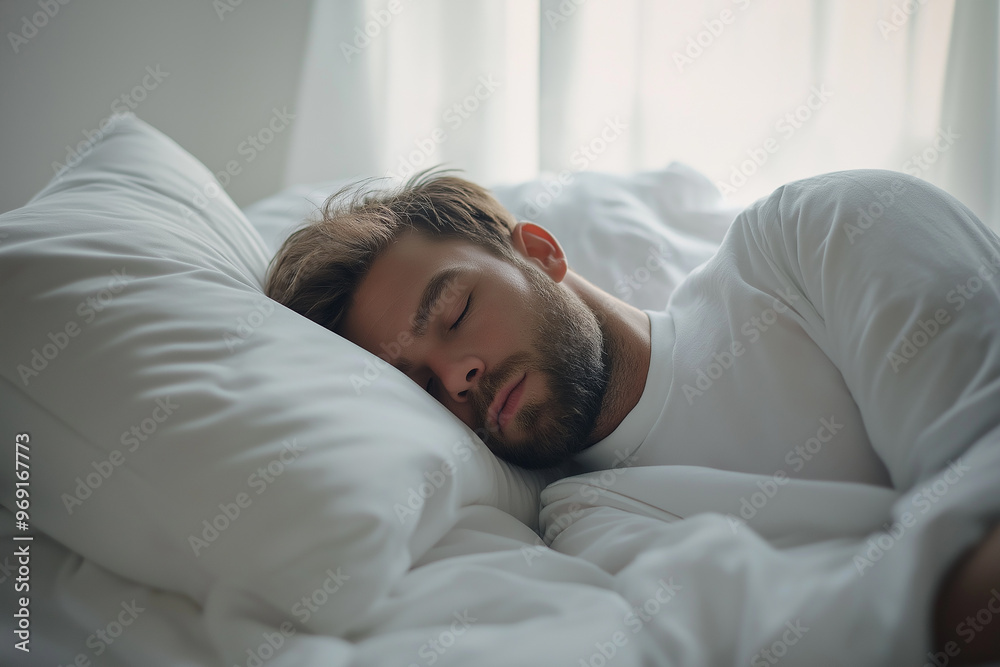 A man sleeping in bed, in a comfortable and peaceful atmosphere
A man sleeping in bed, in a comfortable and peaceful atmosphere