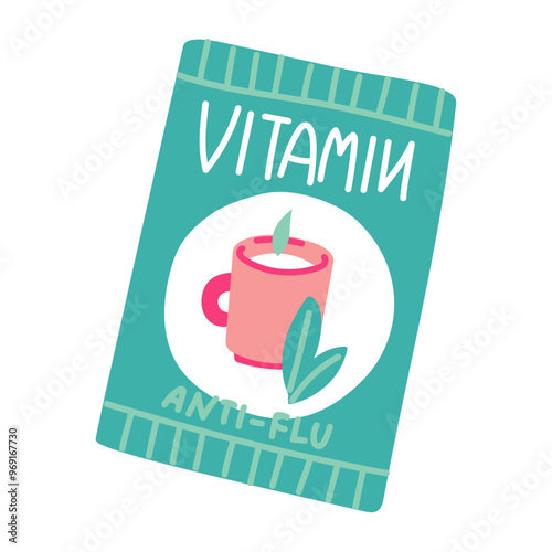 Flat vector illustration of a blue bag of ANTI-FLU cold powder. The bag is depicted in the form of a rectangle. It shows a pink mug with steam and leaves. Anti-disease powder, temperature isolated