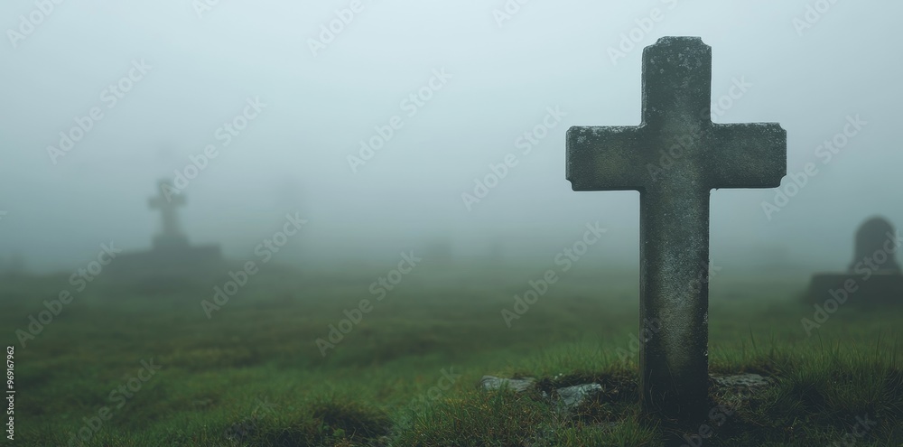 A Celtic cross in a green landscape surrounded by Neblina A Celtic cross in a green landscape surrounded by Neblina