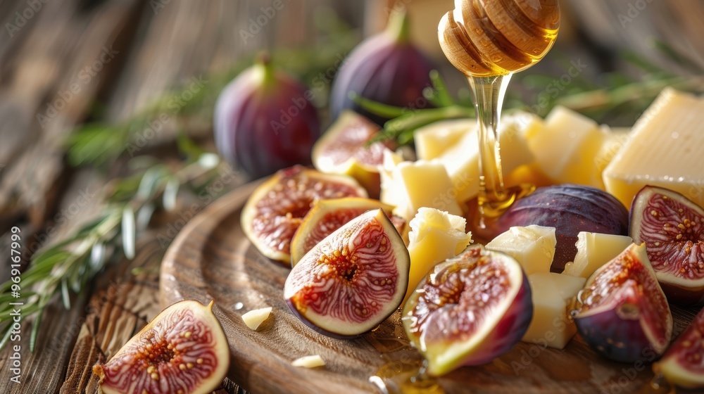 Fresh figs with honey and cheese on rustic wooden board gourmet snack and appetizer inspiration Fresh figs with honey and cheese on rustic wooden board gourmet snack and appetizer inspiration