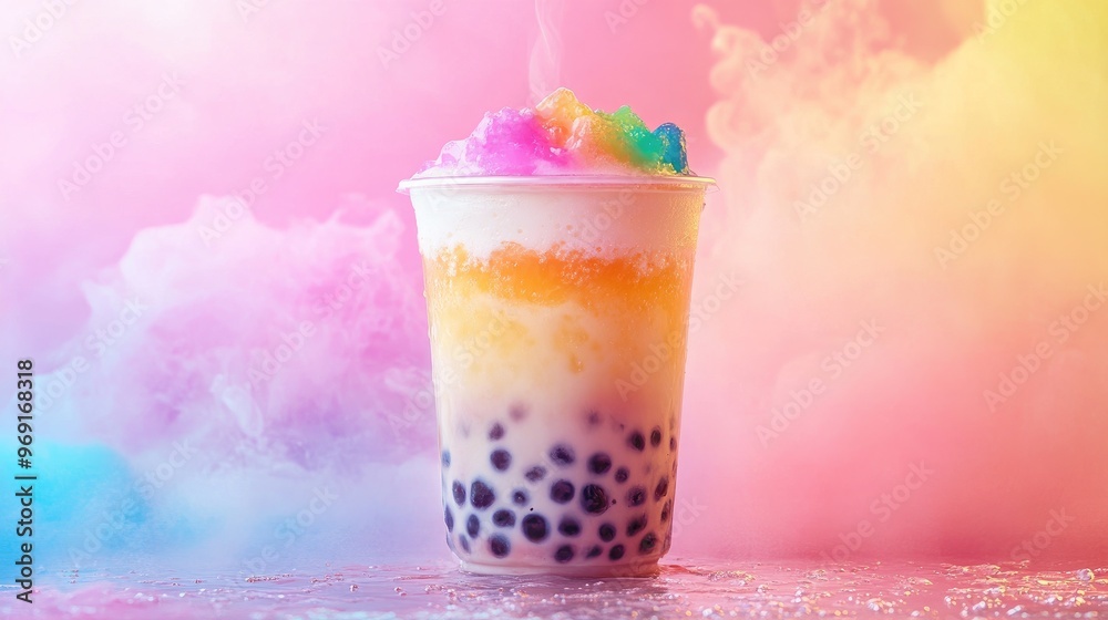 A refreshing cup of bubble tea with a layer of frothy milk foam and colorful tapioca pearls, set against a bright, summery backdrop. A refreshing cup of bubble tea with a layer of frothy milk foam and colorful tapioca pearls, set against a bright, summery backdrop.