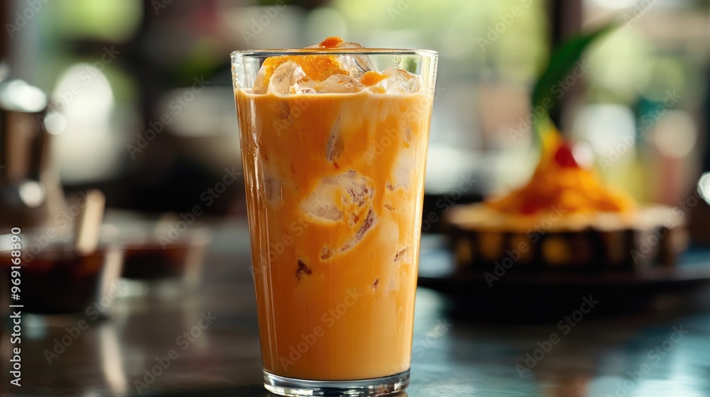 A refreshing glass of Thai tea with condensed milk and ice, sitting on a table with a traditional Thai dessert in the background. A refreshing glass of Thai tea with condensed milk and ice, sitting on a table with a traditional Thai dessert in the background.