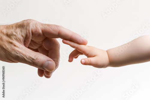 A photograph of an adult hand reaching out to touch the fingertips and index fingers of a young child, set against a white background