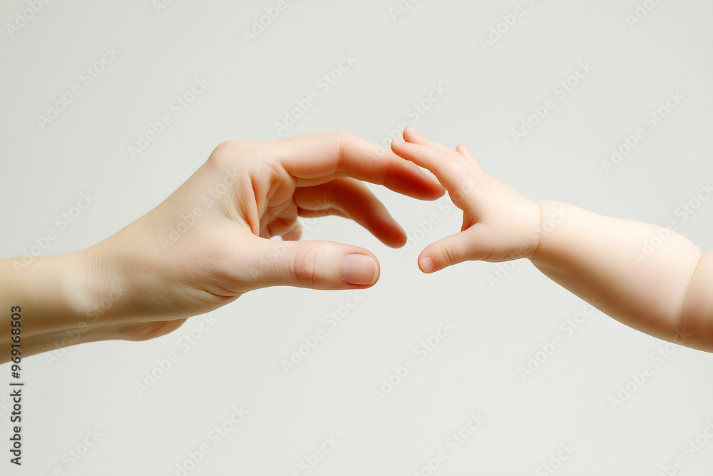 A photograph of an adult hand reaching out to touch the fingertips and index fingers of a young child, set against a white background A photograph of an adult hand reaching out to touch the fingertips and index fingers of a young child, set against a white background