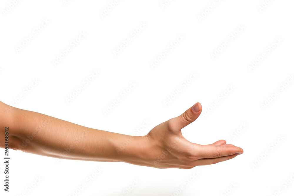 Close-up of a hand reaching out to touch something, isolated on a white background Close-up of a hand reaching out to touch something, isolated on a white background