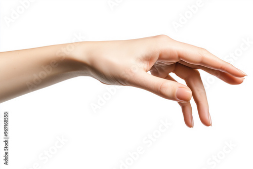 Close-up of a hand reaching out to touch something, isolated on a white background