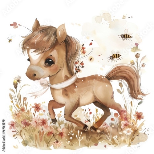 watercolor cute and adorable baby horse with a long brown mane, walking in a garden full of wild flowers photo