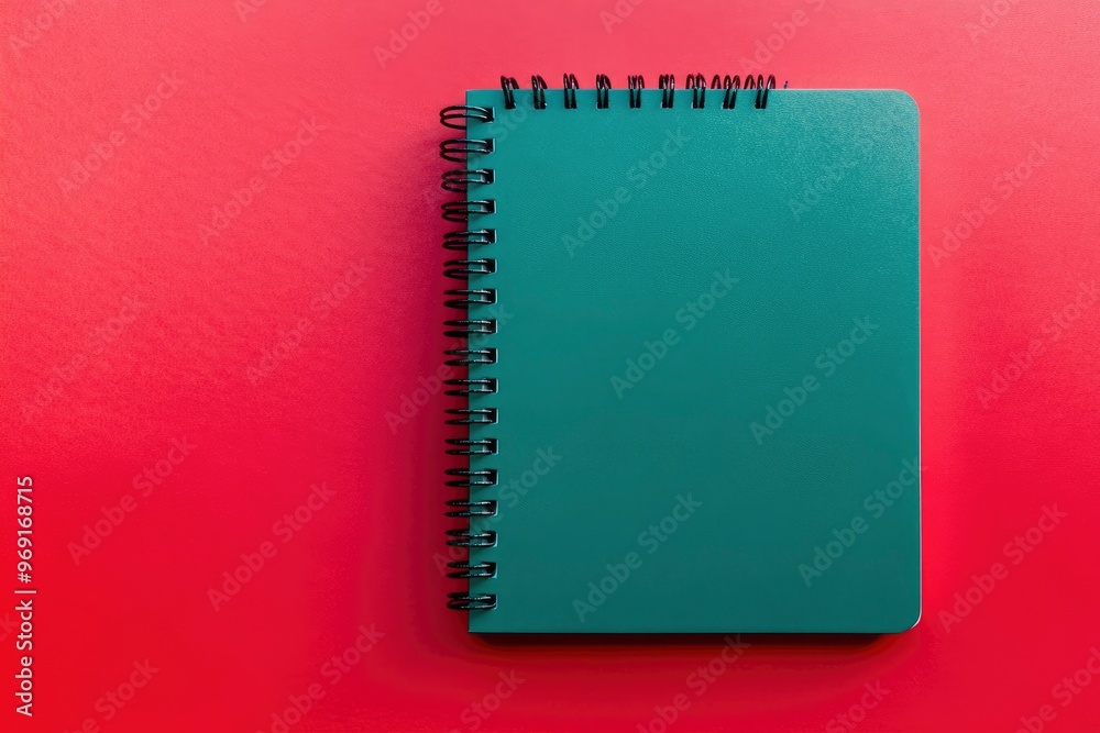 A spiral notebook is on a red background. The notebook is green and has a black spiral binding. The red background creates a bold and eye-catching contrast with the notebook, with generative ai A spiral notebook is on a red background. The notebook is green and has a black spiral binding. The red background creates a bold and eye-catching contrast with the notebook, with generative ai