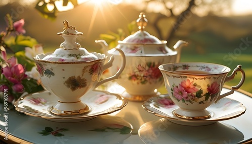 Luxurious English tea and breakfast experience in porcelain crockery, set against a sunny landscape adorned with blooming flowers photo