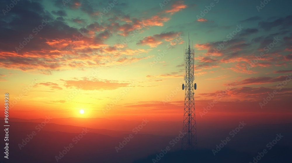 A radio tower standing tall against a sunset, emitting radio waves into the sky, symbolizing communication across vast distances. A radio tower standing tall against a sunset, emitting radio waves into the sky, symbolizing communication across vast distances.