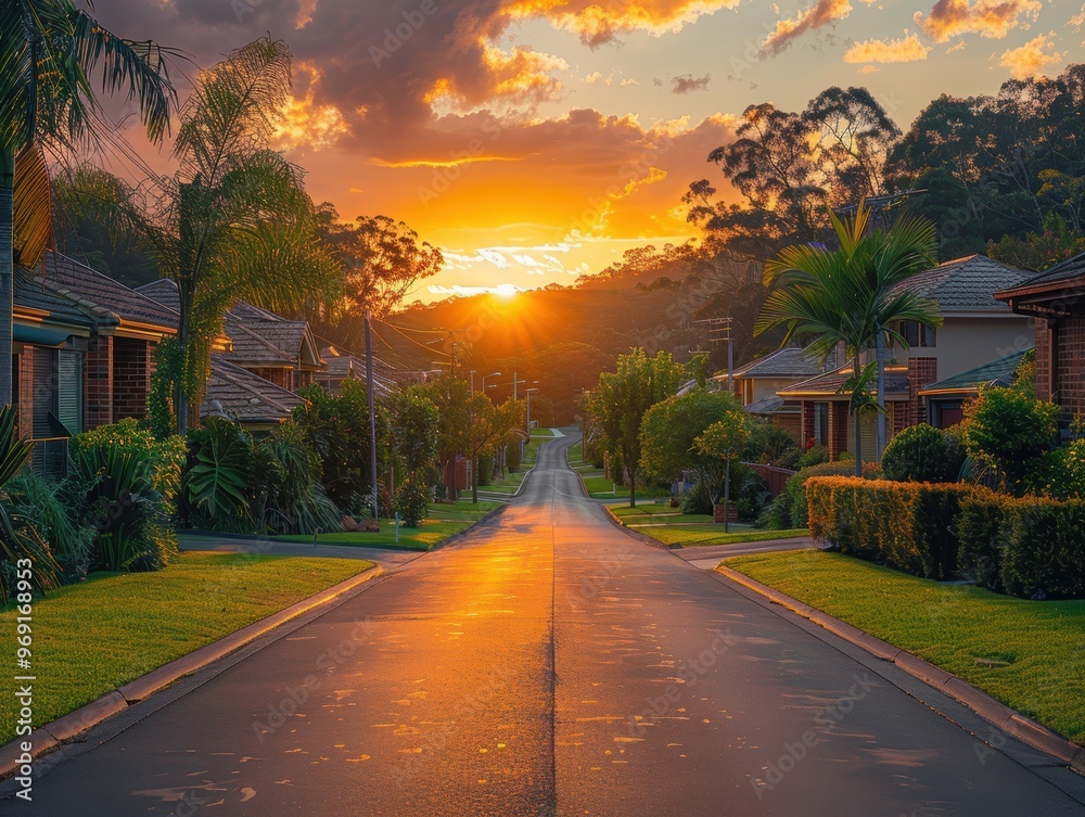 Fototapeta premium A serene neighborhood street at sunset, showcasing vibrant greenery, neatly trimmed lawns, and suburban houses under a golden sky with scattered clouds