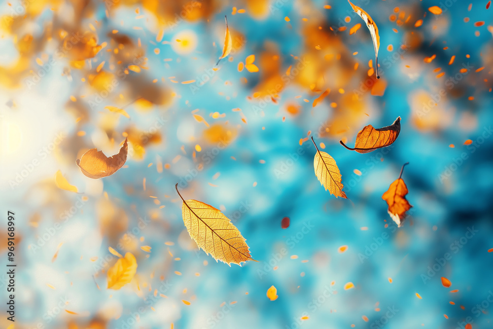 Autumn background with blurred autumn leaves and sun rays on a blue sky Autumn background with blurred autumn leaves and sun rays on a blue sky