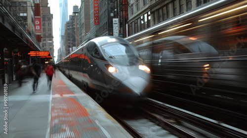 superfast_train_passes_through_a_station_in_town photo