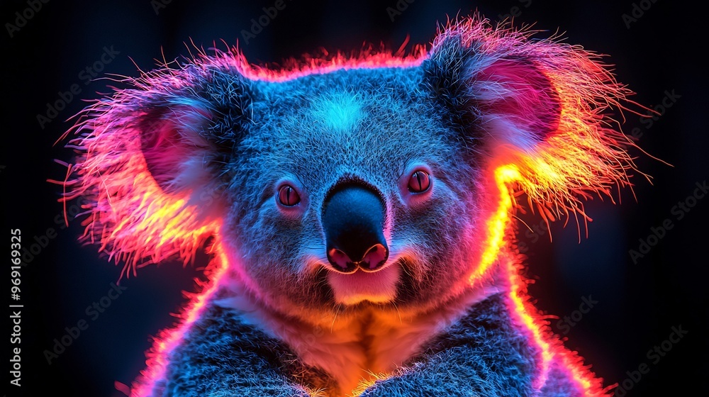 Semiabstract koala with its fur forming neon swirls symbolizing peace rest and comfort Semiabstract koala with its fur forming neon swirls symbolizing peace rest and comfort