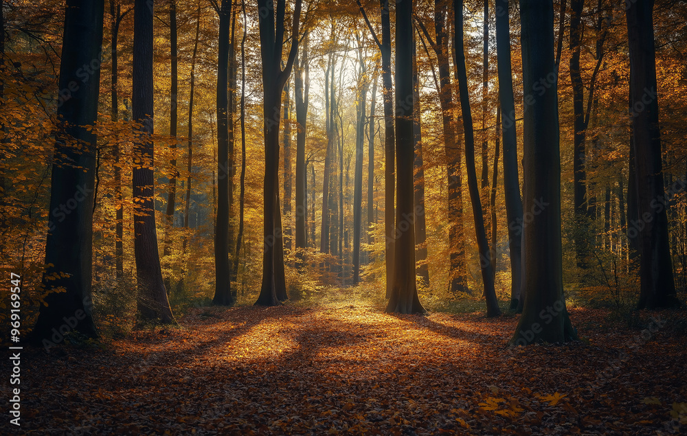 A forest of trees with yellow leaves in the fall season A forest of trees with yellow leaves in the fall season