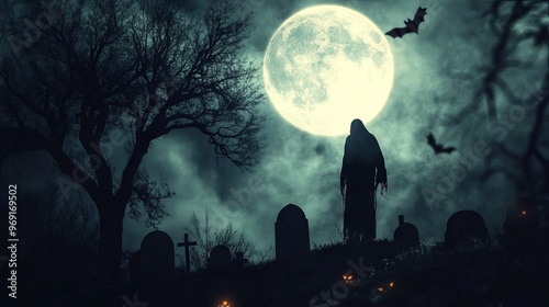 Zombie emerging from graveyard at night, haunted cemetery scene with full moon and bats, spooky dark atmosphere perfect for halloween event and holiday banner background photo