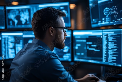 A man in a dark room looks at computer screens with blue lights reflecting on his face.