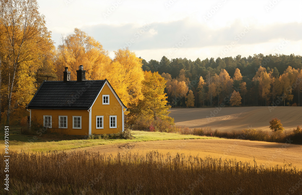 The Swedish countryside in autumn, a house in the distance, trees and green fields, a sunny day, and a warm, yellow light. The Swedish countryside in autumn, a house in the distance, trees and green fields, a sunny day, and a warm, yellow light.