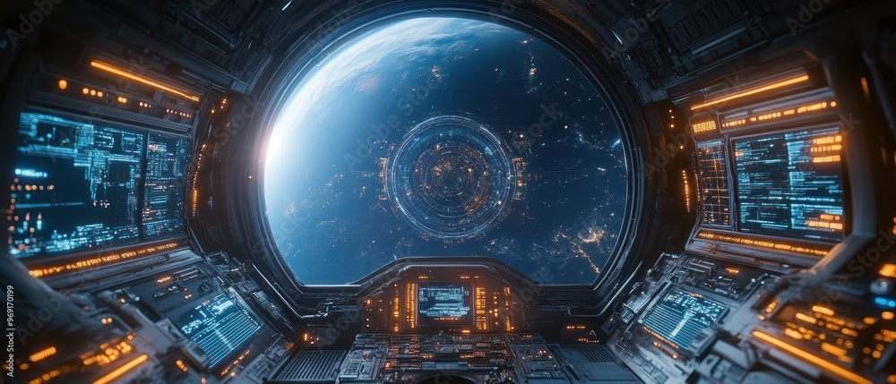 Futuristic Spaceship Interior with Earth and Starry Sky View Futuristic Spaceship Interior with Earth and Starry Sky View
