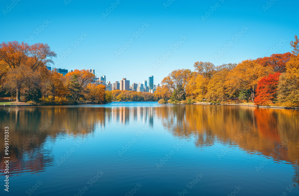 A panoramic view of the calm lake in Central Park, with trees on one side and buildings reflecting off its surface under a clear blue sky during autumn A panoramic view of the calm lake in Central Park, with trees on one side and buildings reflecting off its surface under a clear blue sky during autumn
