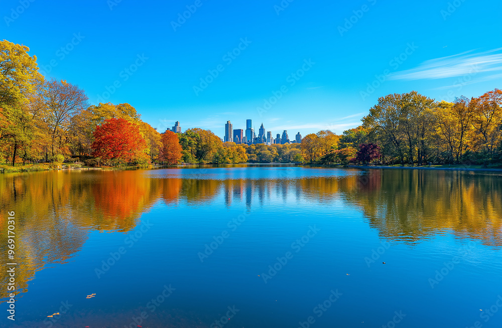 A panoramic view of the calm lake in Central Park, with trees on one side and buildings reflecting off its surface under a clear blue sky during autumn A panoramic view of the calm lake in Central Park, with trees on one side and buildings reflecting off its surface under a clear blue sky during autumn