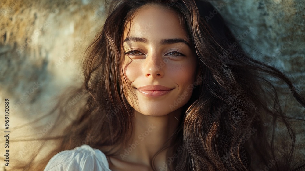A serene image of a woman with long, flowing hair and a soft, confident smile, captured in natural light to highlight her elegant features. A serene image of a woman with long, flowing hair and a soft, confident smile, captured in natural light to highlight her elegant features.