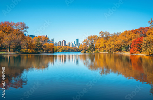 A panoramic view of the calm lake in Central Park, with trees on one side and buildings reflecting off its surface under a clear blue sky during autumn