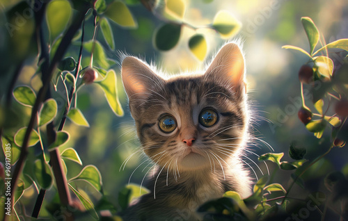 Cute little kitten in the forest, colorful background, sunlight shining through the leaves and trees, a cute cat with blue eyes sitting at the tree trun photo