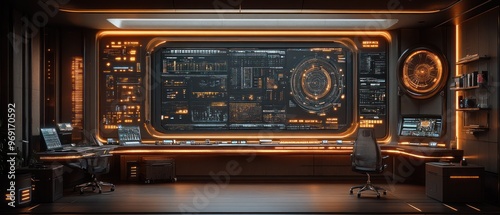 Fototapeta Naklejka Na Ścianę i Meble -  Futuristic Command Center with Monitors and Data Displays