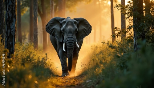 Un majestueux éléphant avance discrètement sur le sentier d'une forêt luxuriante, ses pieds souples amortissant chaque pas, se fondant parfaitement dans la tranquillité de la nature environnante. photo