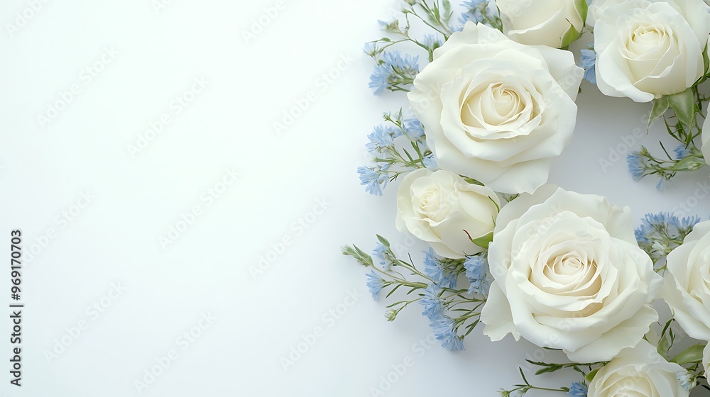 Soft Wreath of White Roses and Light Blue Wildflowers Isolated on a Minimalist Background, Featuring Ample Space for Text for Invitations or Announcements Soft Wreath of White Roses and Light Blue Wildflowers Isolated on a Minimalist Background, Featuring Ample Space for Text for Invitations or Announcements