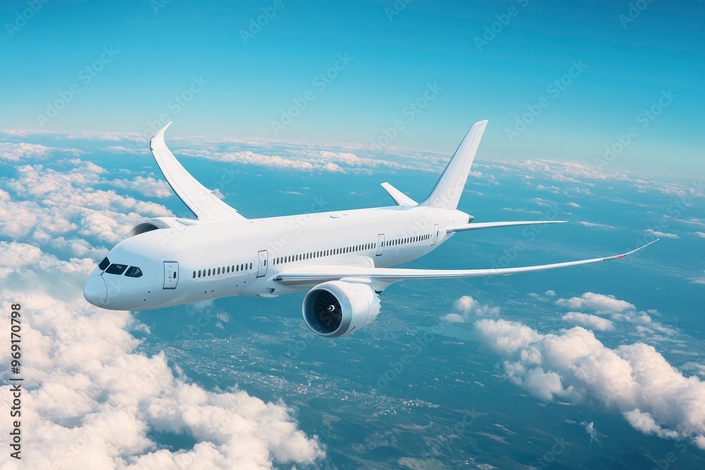 Obraz premium Airplane flying in the sky - travel background with flying airplane with blank livery with generative ai