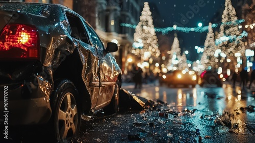 Damaged Car on Snowy City Street at Night