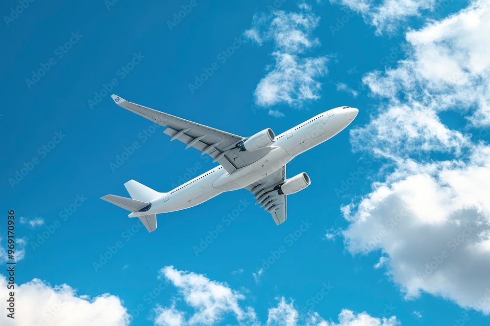 Airplane flying in the sky - travel background with flying airplane with blank livery with generative ai Airplane flying in the sky - travel background with flying airplane with blank livery with generative ai