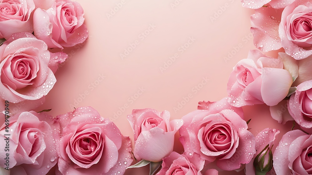 Soft pastel background with a single-sided floral border of pink roses with dewdrops, perfect for elegant branding with text space. Soft pastel background with a single-sided floral border of pink roses with dewdrops, perfect for elegant branding with text space.